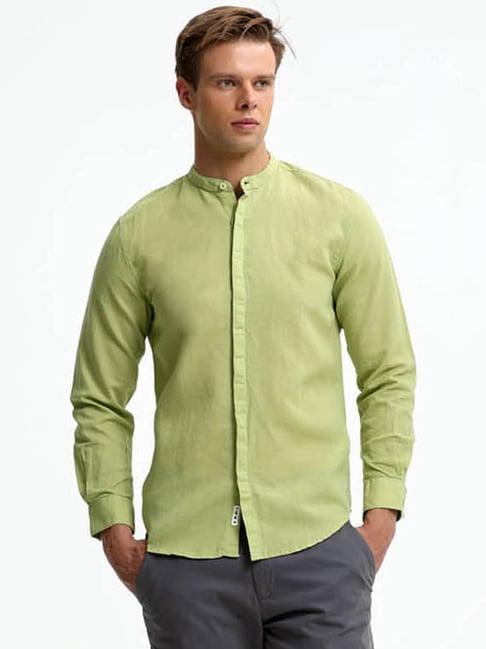 turms green cotton linen slim fit shirt