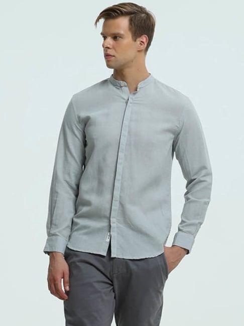 turms steel grey cotton linen slim fit shirt