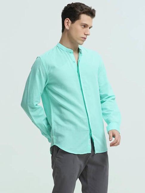 turms turquoise cotton linen slim fit shirt