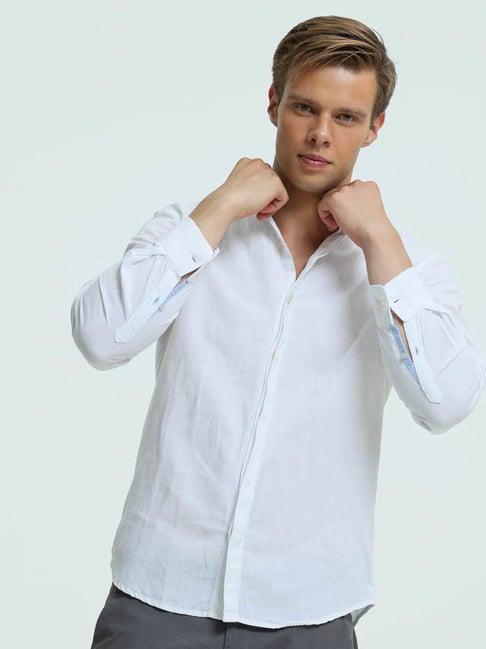 turms white cotton linen slim fit shirt