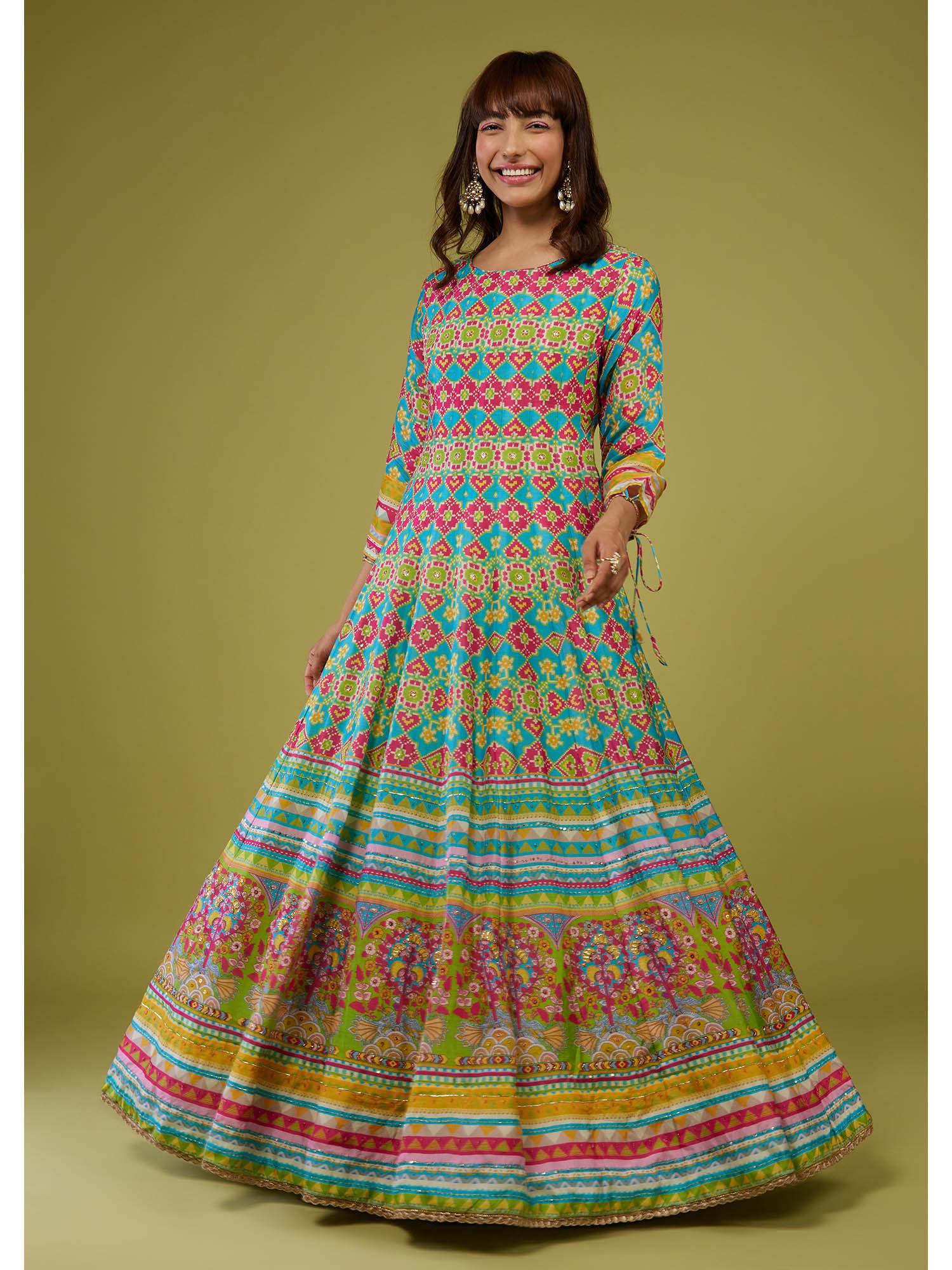 turq blue flared anarkali gown in silk multi color print