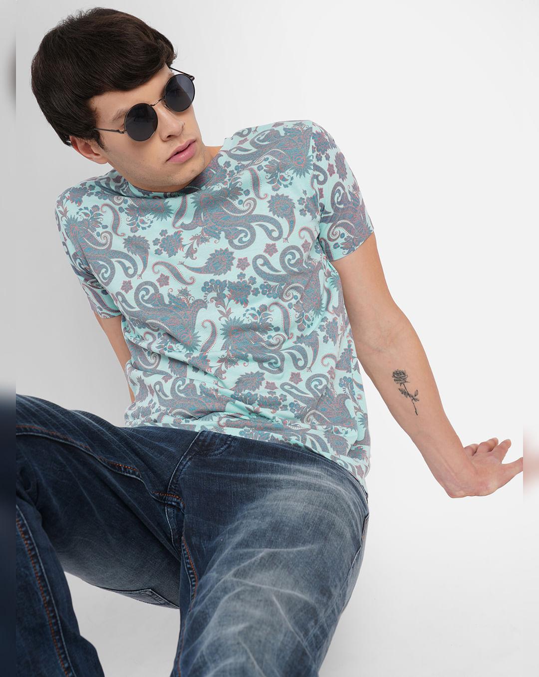 turquoise abstract print crew neck t-shirt