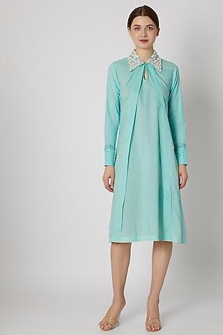 turquoise blue embroidered pleated tunic
