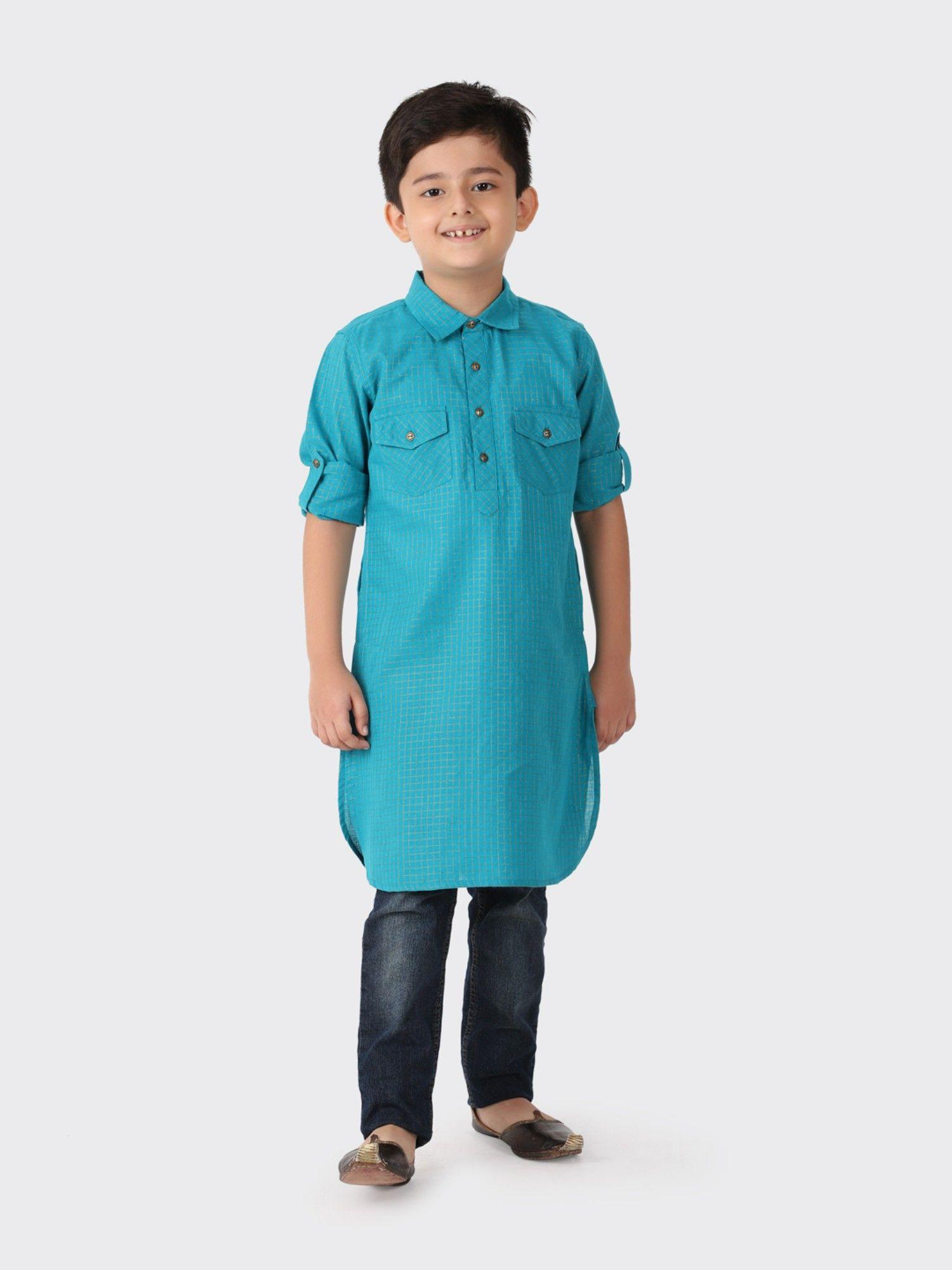 turquoise cotton blend checks boys kurta
