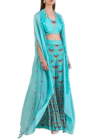 turquoise embroidered blouse with pants & cape