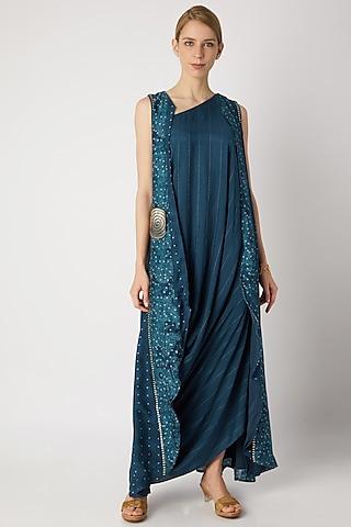 turquoise embroidered cowl dress with cardigan