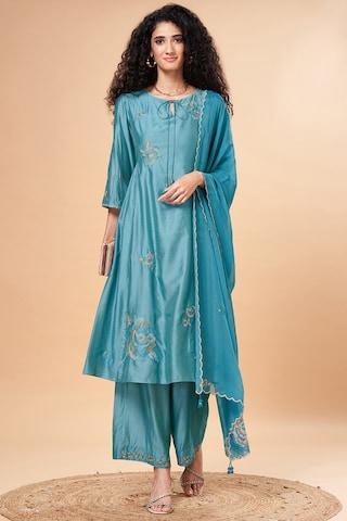 turquoise embroidered ethnic 3/4th sleeves round neck women flared fit  kurta pant dupatta set