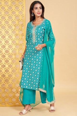 turquoise embroidered ethnic 3/4th sleeves round neck women regular fit  pant kurta dupatta set