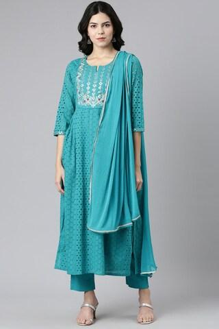turquoise embroidered ethnic 3/4th sleeves round neck women straight fit pant kurta dupatta set