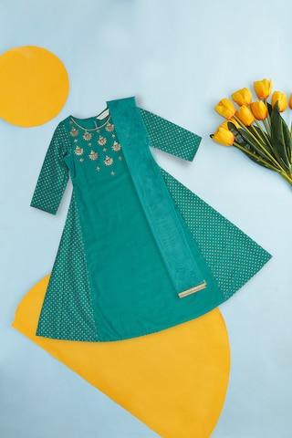 turquoise embroidered ethnic round neck 3/4th sleeves calf-length girls regular fit churidar kurta dupatta set