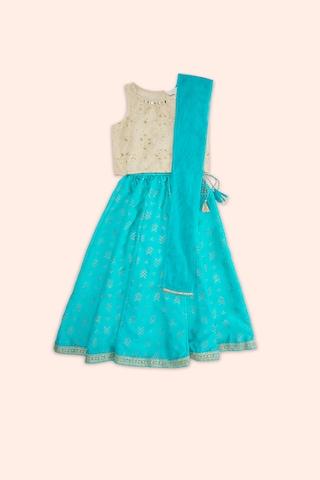 turquoise embroidered ethnic round neck sleeveless ankle-length girls regular fit lehenga set