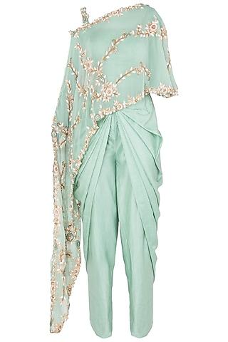 turquoise embroidered fish cut cape with dhoti pants