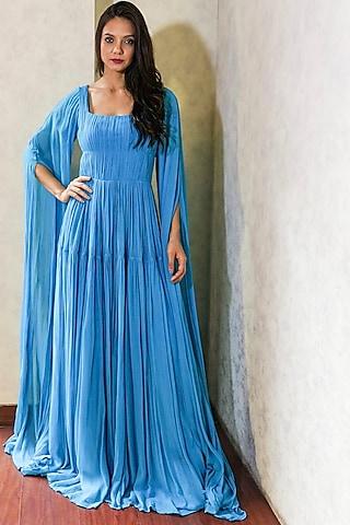 turquoise flared sleeves gown