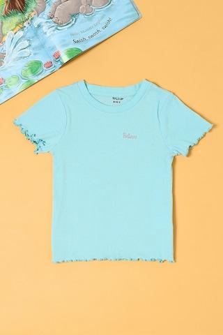 turquoise patterned casual half sleeves round neck girls regular fit t-shirt