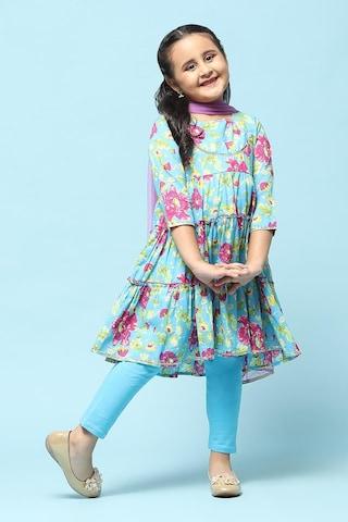 turquoise print ankle-length ethnic girls tired dress fit churidar kurta dupatta set
