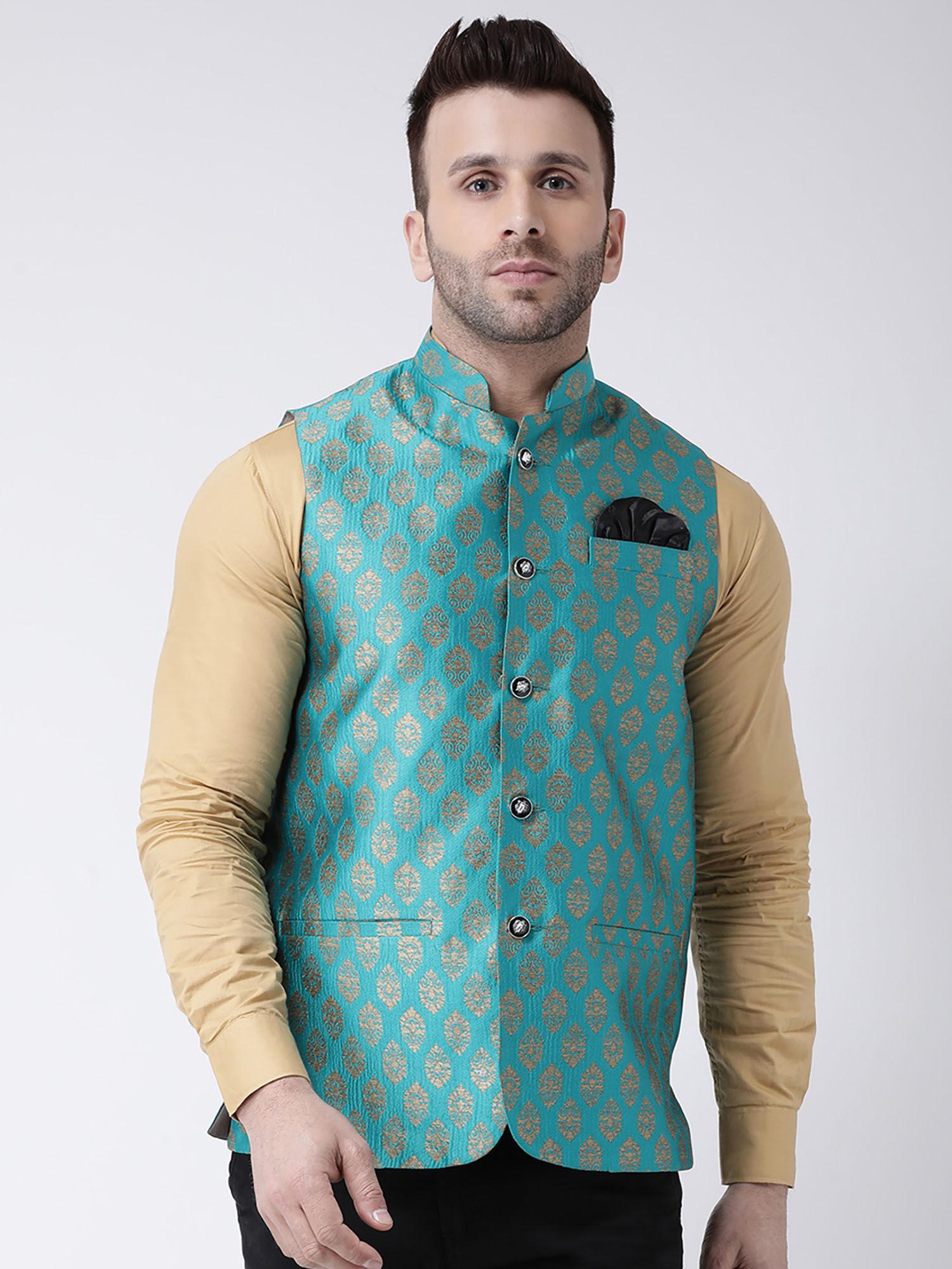 turquoise printed jacquard nehru jacket