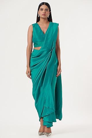 turquoise silk pre-draped saree