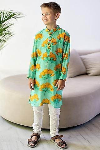 turquoise soft cotton printed kurta set for boys