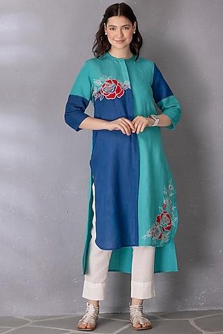 turquoise & blue cotton linen embroidered high-low tunic set