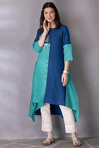 turquoise & blue cotton linen embroidered tunic set