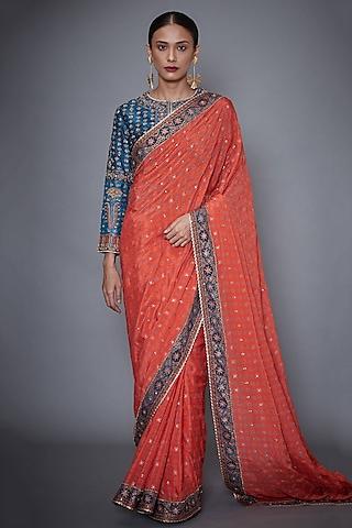 turquoise & coral embroidered saree set