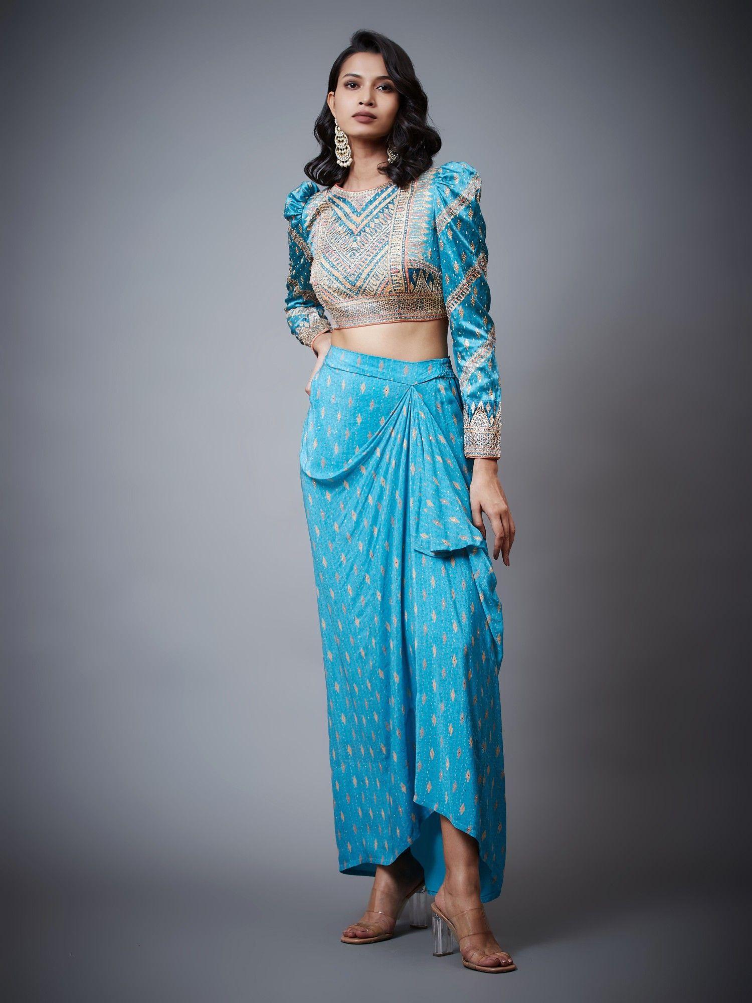 turquoise & multi colour rabari embroidered blouse with skirts (set of 2)