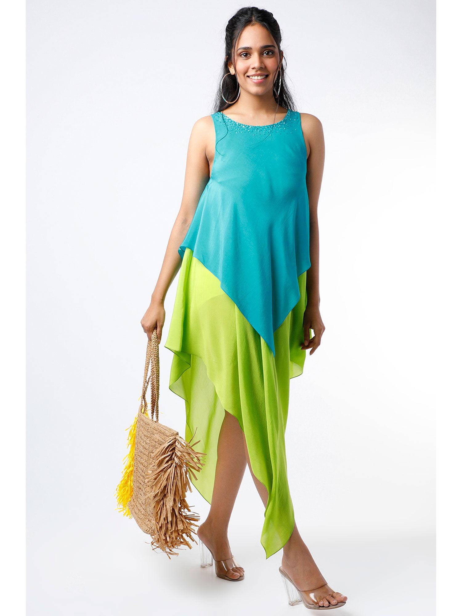 turquoise & neon green embroidered layered dress