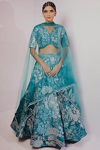 turquoise & teal blue hand embroidered & printed lehenga set