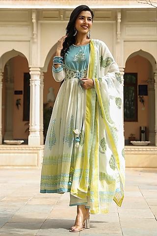 turquoise & yellow printed anarkali set