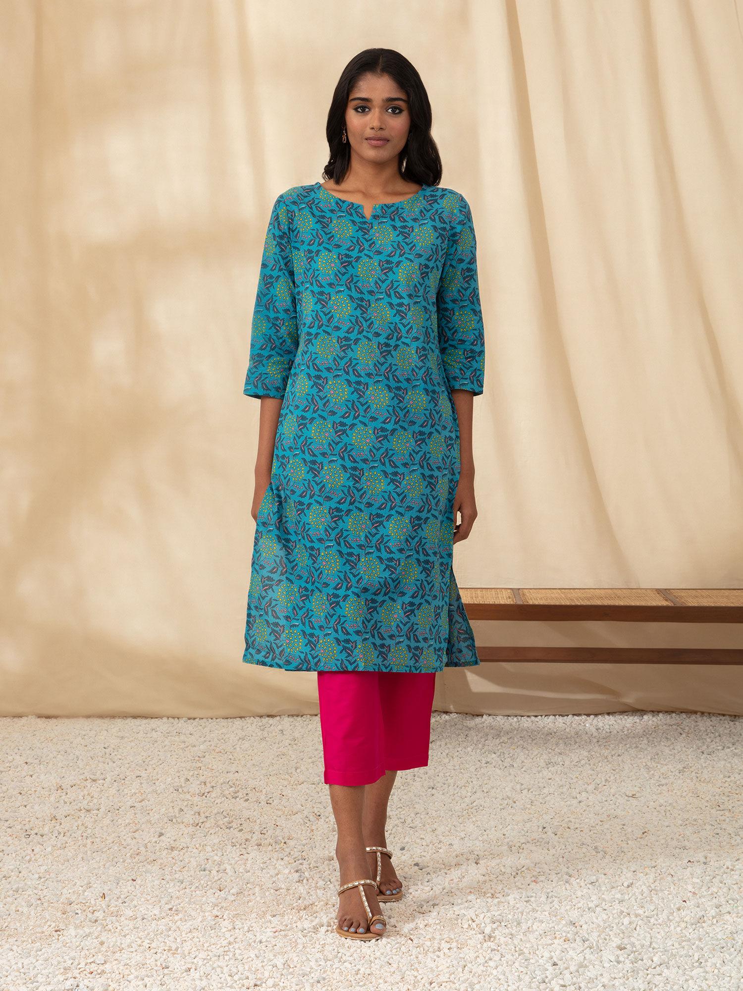 turquoise all over printed straight kurta likkur99