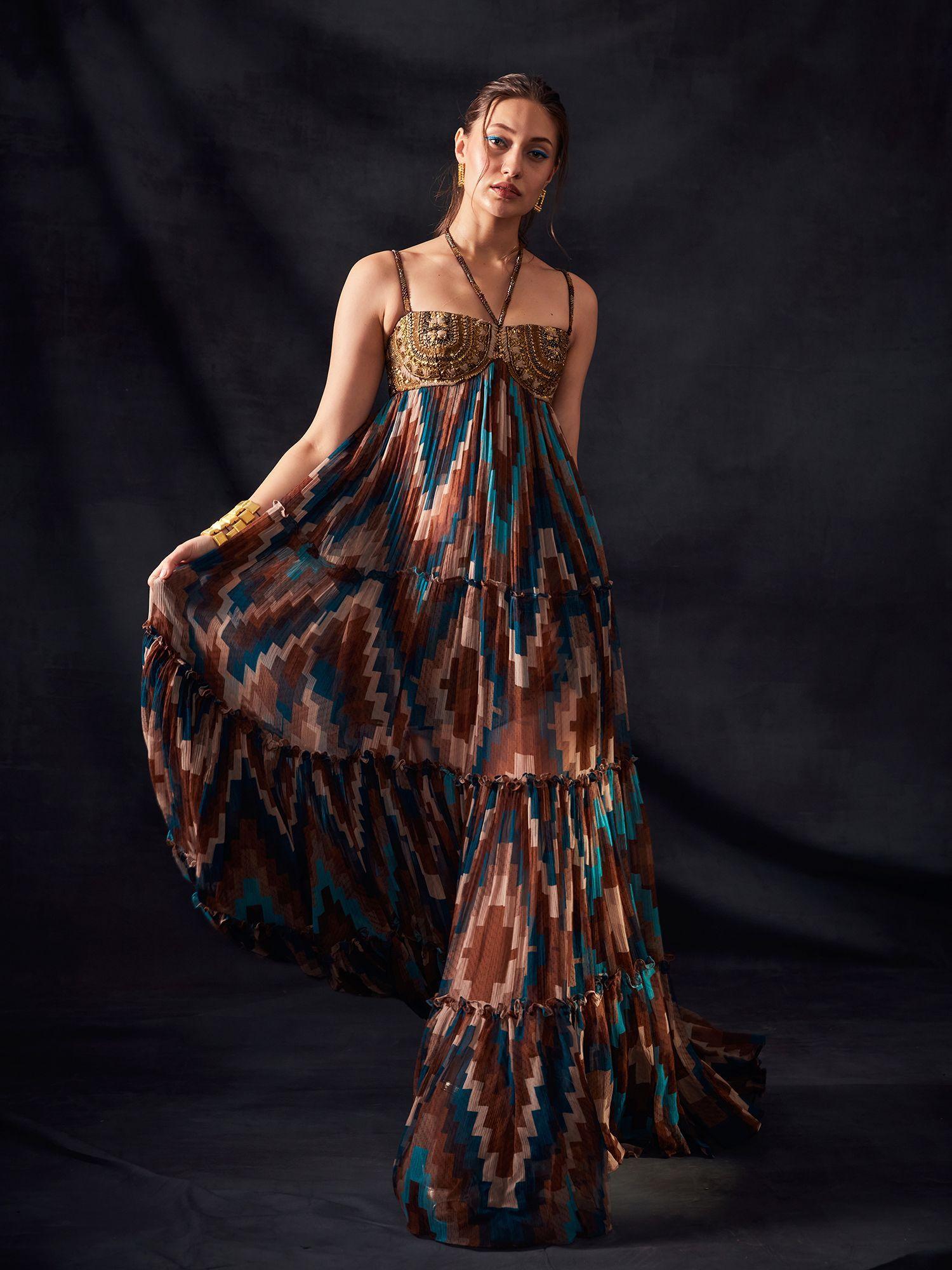 turquoise and multi - colour grid print maxi with aged old embroidery