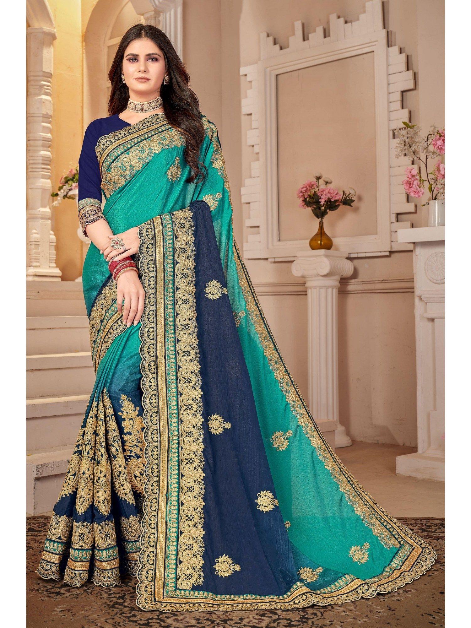 turquoise and navy blue designer heavy embroidery saree with unstitched blouse