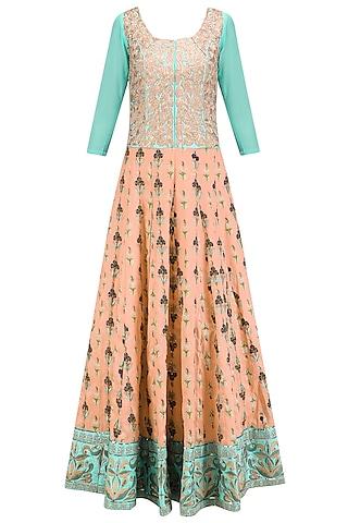 turquoise and peach embroidered kalidaar anarkali and orange dupatta set