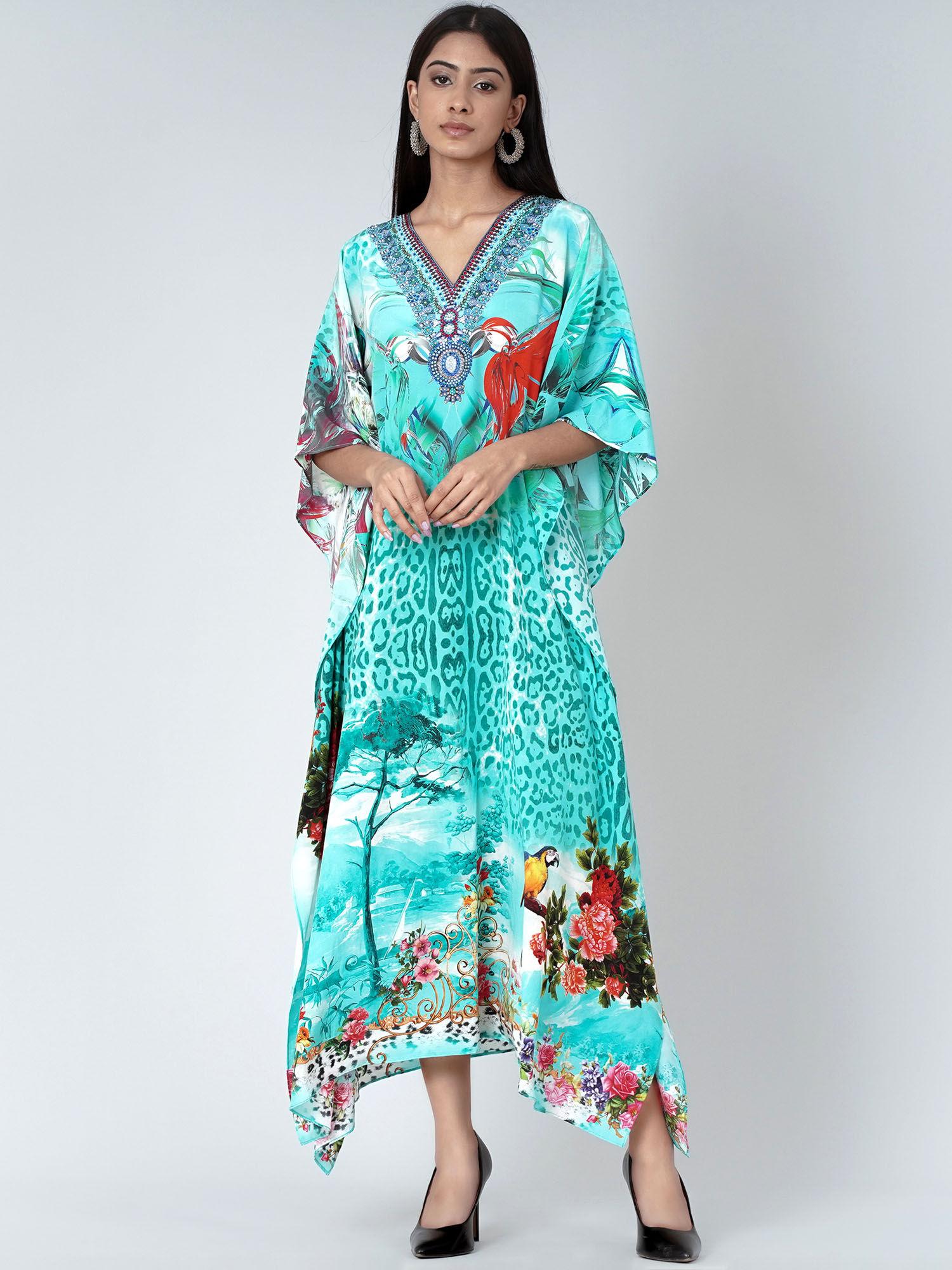 turquoise animal print embellished silk full length kaftan