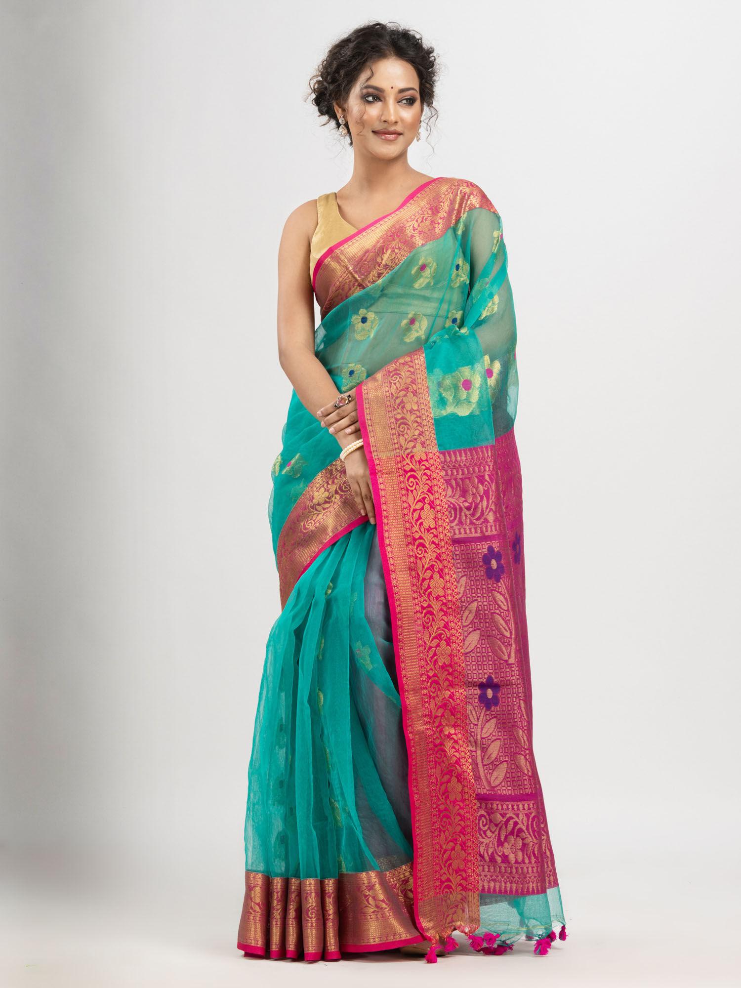 turquoise art silk all body flower motifs banarasi saree with unstitched blouse