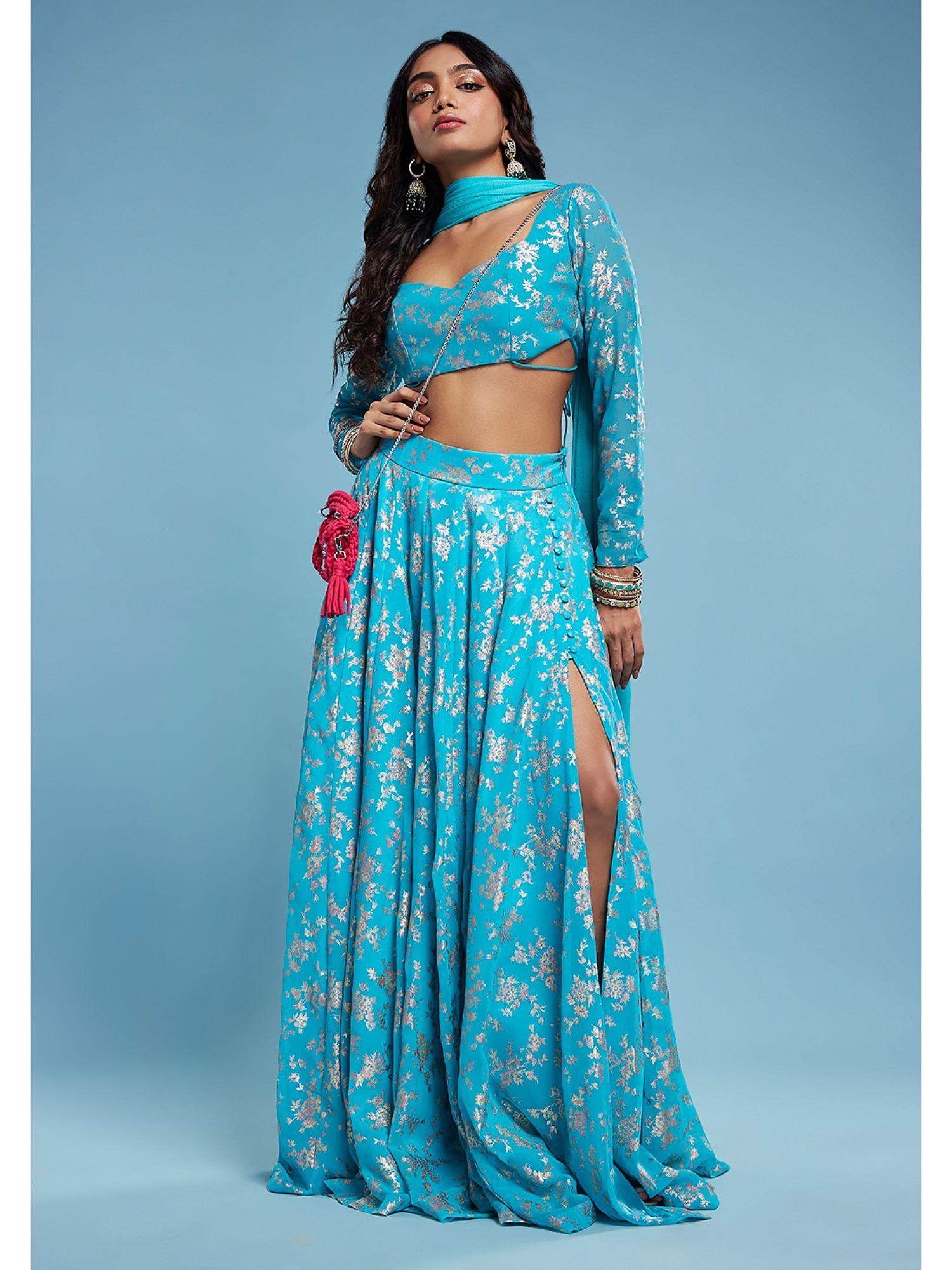 turquoise backless lehenga with blouse & dupatta (set of 3)