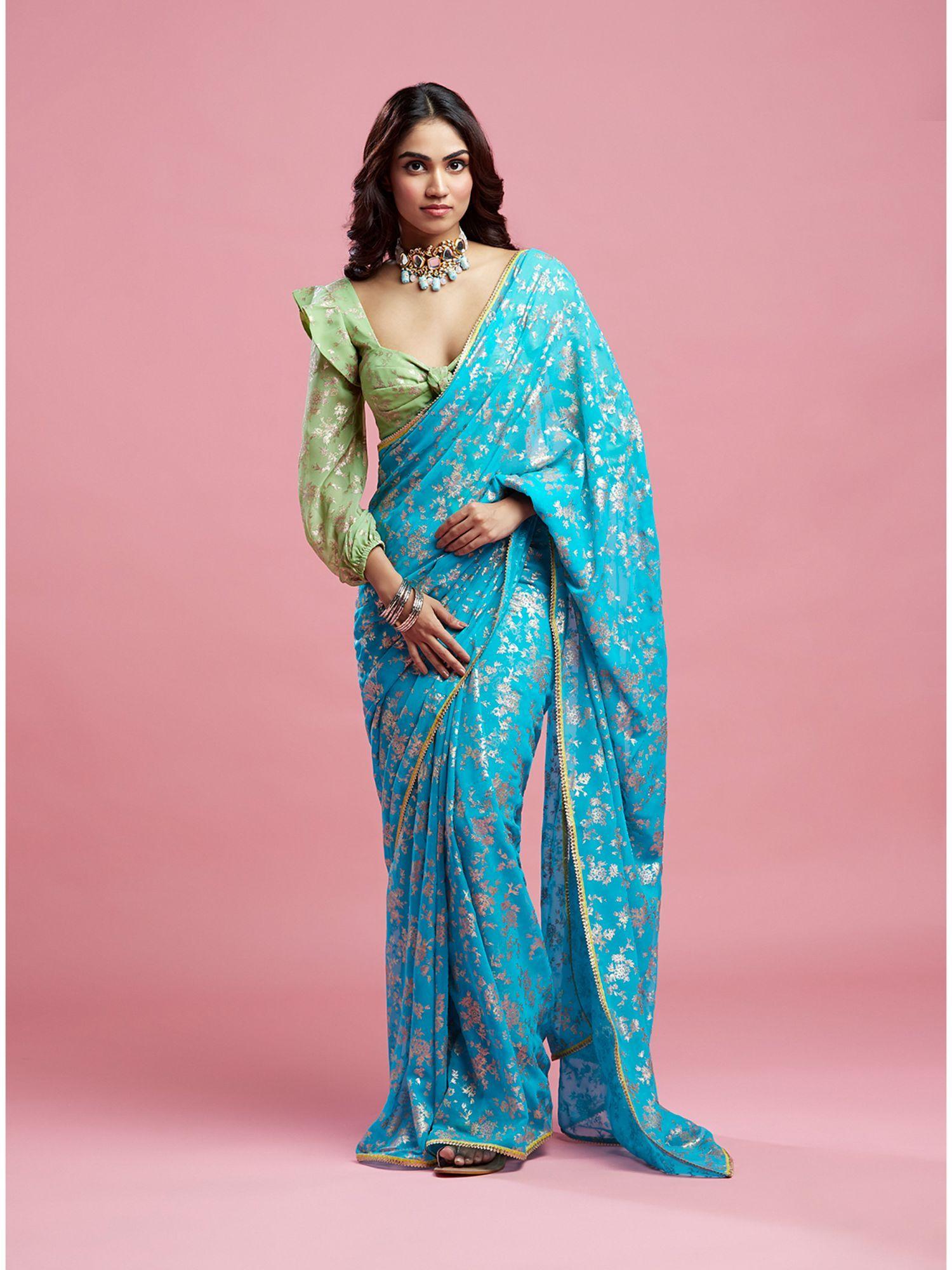 turquoise barfi saree with stitched blouse