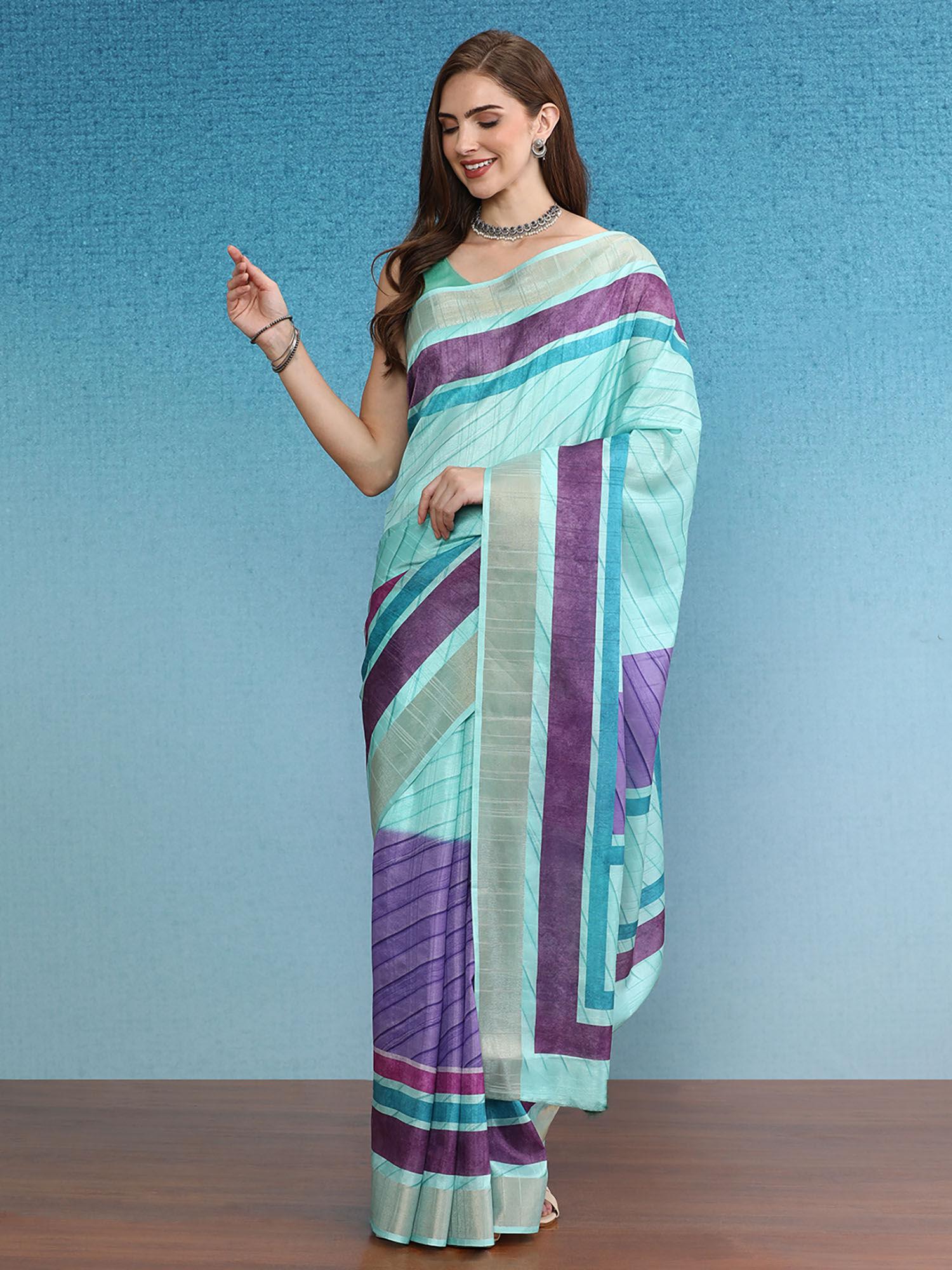 turquoise blocky stripes soft silk zari border printed saree with unstitched blouse