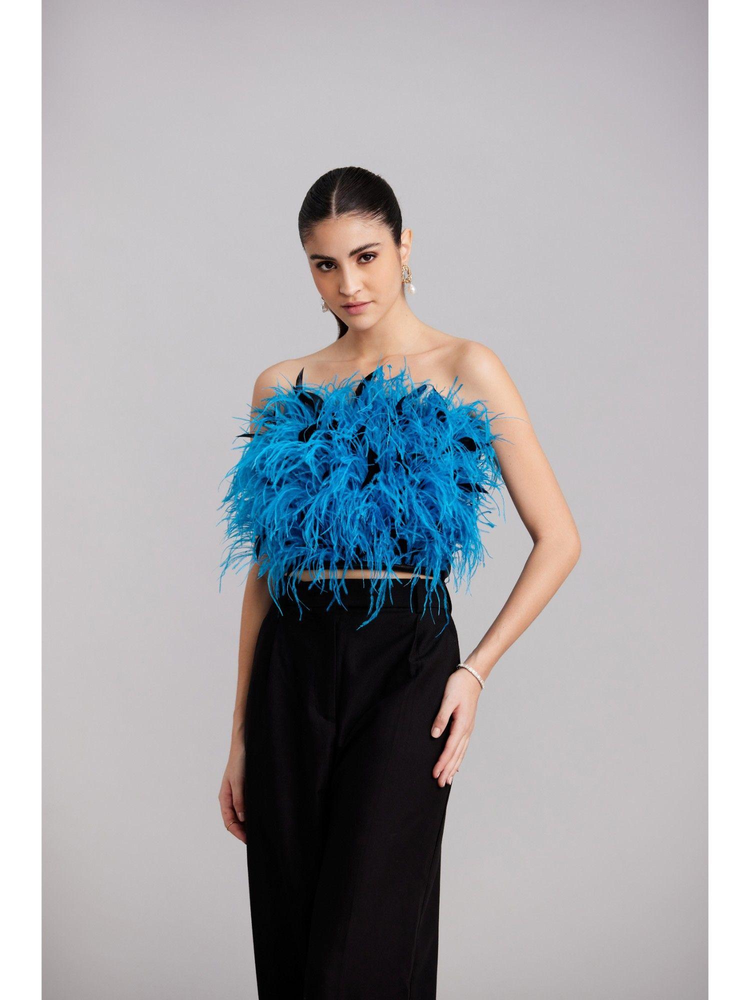 turquoise blue & black feather top