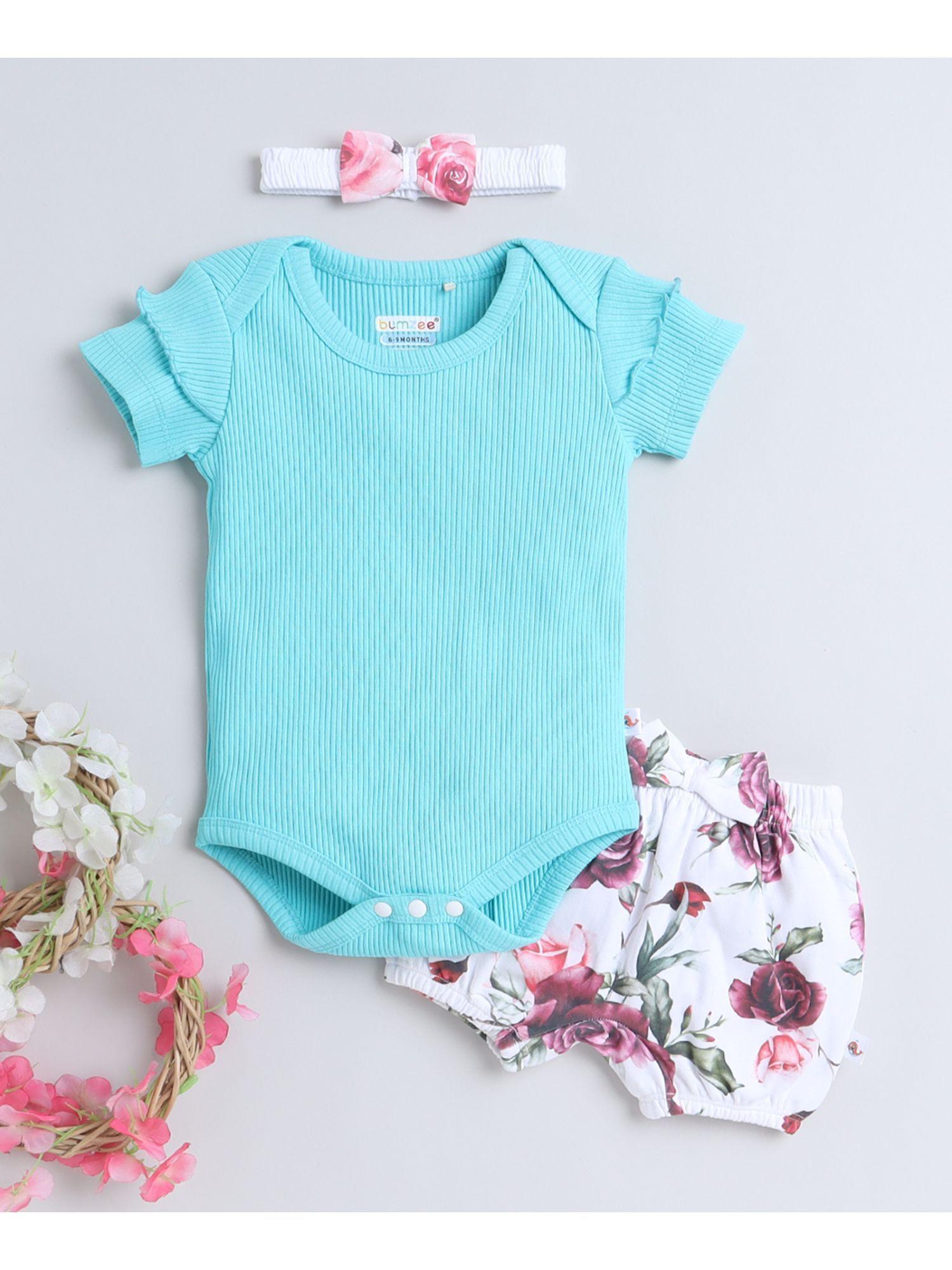 turquoise blue & white girls bodysuit and shorts with headband (set of 3)