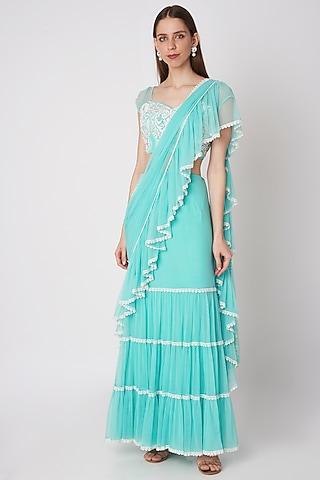 turquoise blue aari embroidered saree set