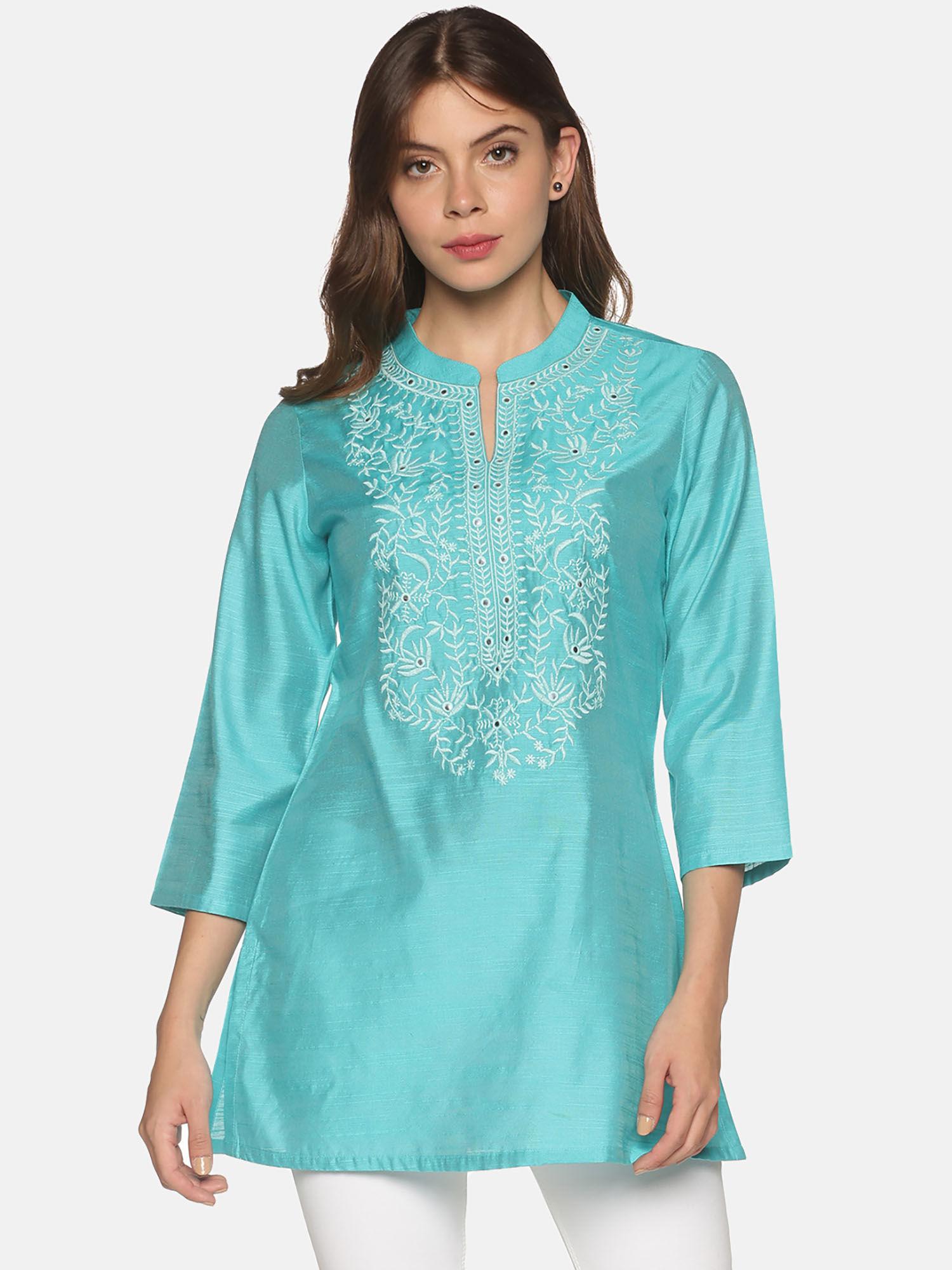 turquoise blue art raw silk embroidered neck tunic with mirror accents