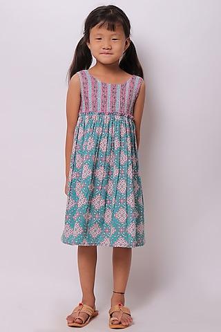 turquoise blue block printed dress for girls