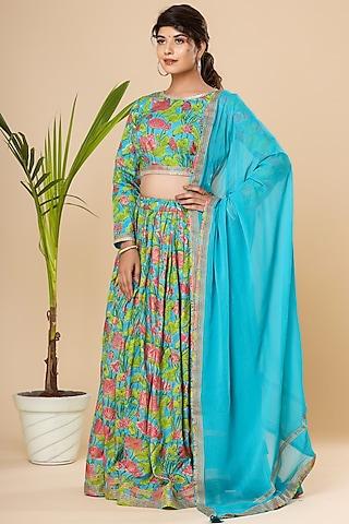 turquoise blue block printed lehenga set