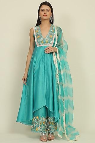 turquoise blue chanderi embroidered kurta set
