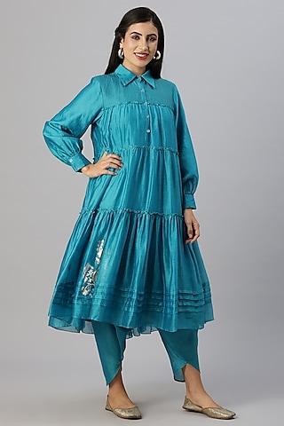 turquoise blue chanderi silk foil printed tiered kurta set