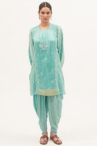 turquoise blue chanderi zardosi & thread embroidered kurta set