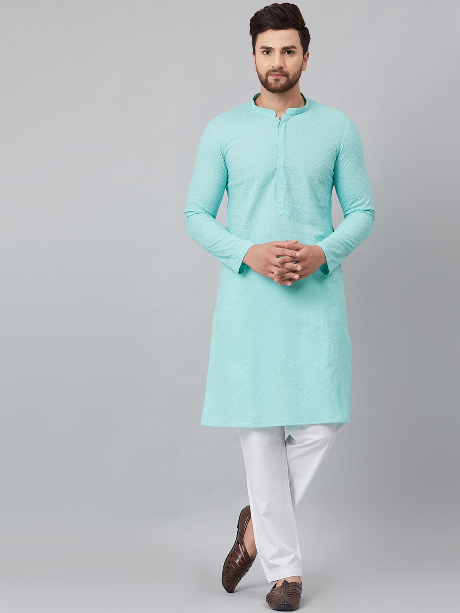 turquoise blue chikankari embroidered woven straight kurta with pyjama (set of 2)