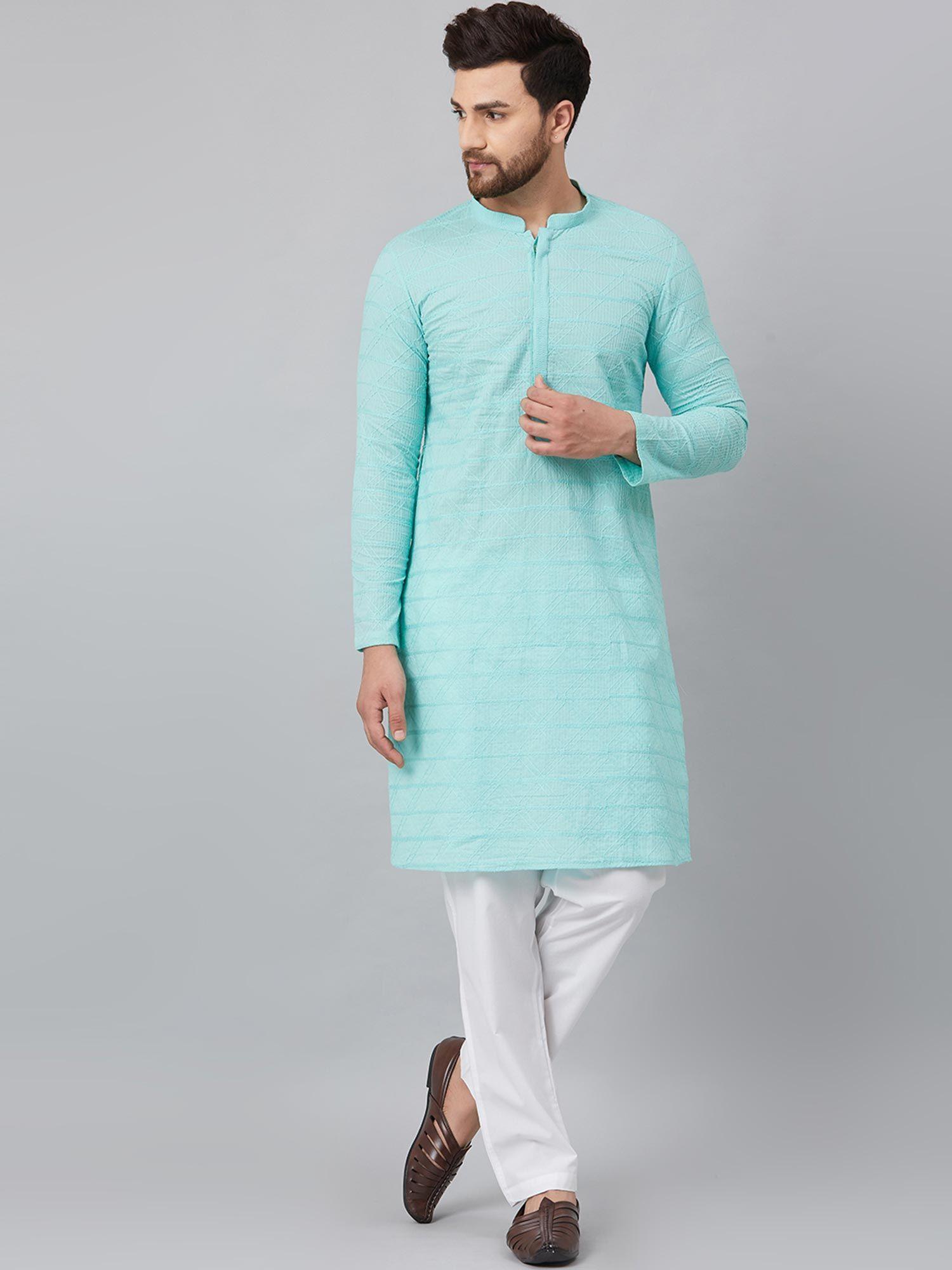 turquoise blue chikankari embroidered woven straight kurta with pyjama (set of 2)
