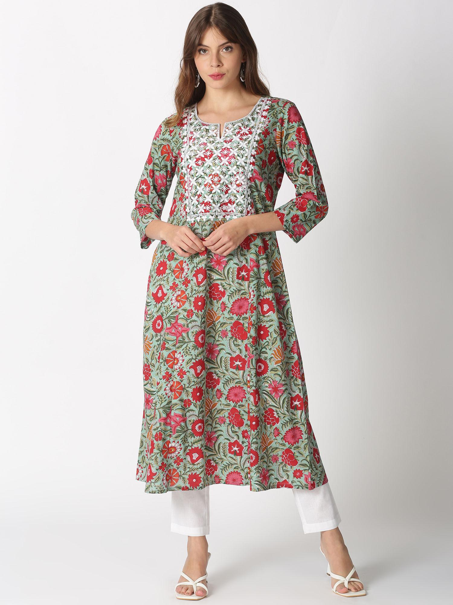 turquoise blue cotton floral printed a-line kurta with embroidered neck